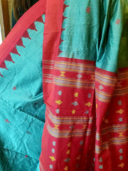 NIVA: Handwoven Sambalpuri Cotton Saree (Green-Red)
