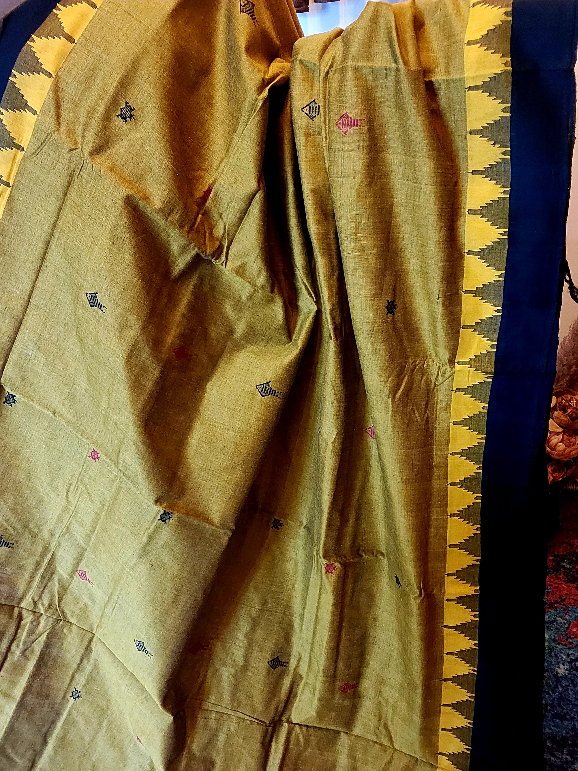 NIVA: Handwoven Sambalpuri Cotton Saree (Olive Green-Black)