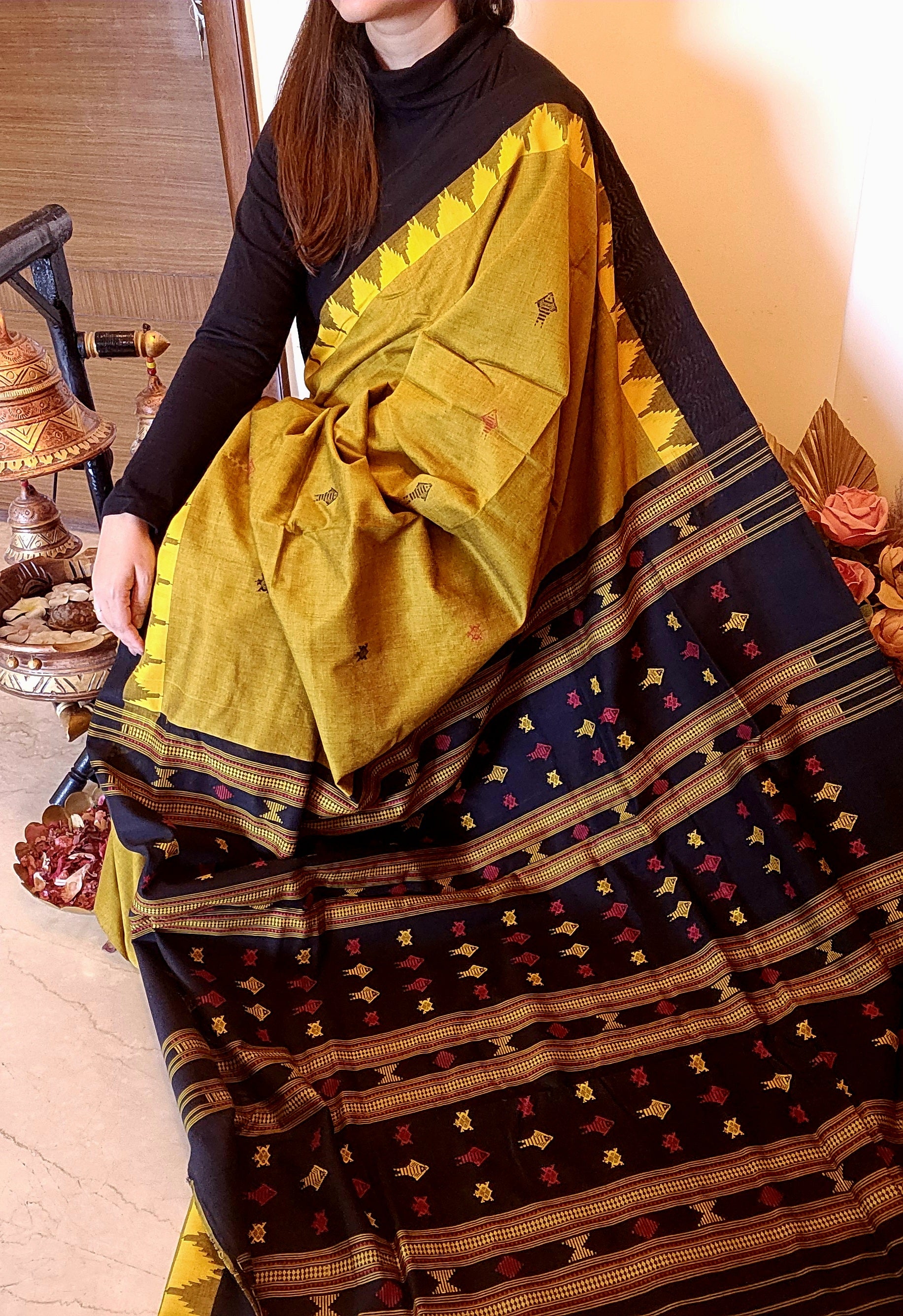 NIVA: Handwoven Sambalpuri Cotton Saree (Olive Green-Black)