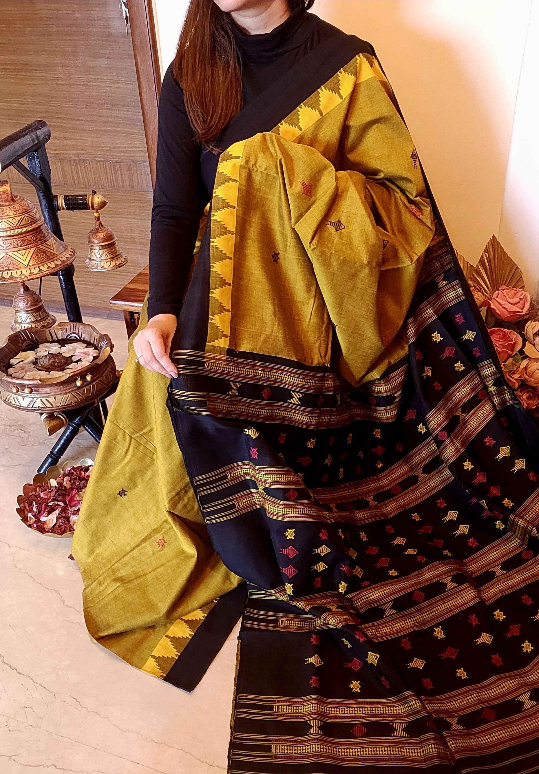 NIVA: Handwoven Sambalpuri Cotton Saree (Olive Green-Black)