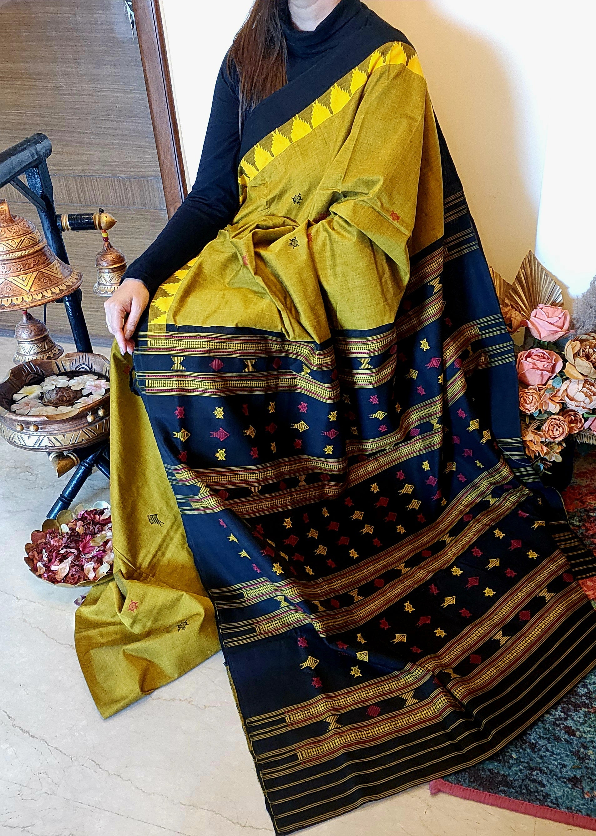 NIVA: Handwoven Sambalpuri Cotton Saree (Olive Green-Black)