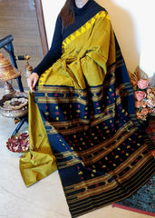 NIVA: Handwoven Sambalpuri Cotton Saree (Olive Green-Black)