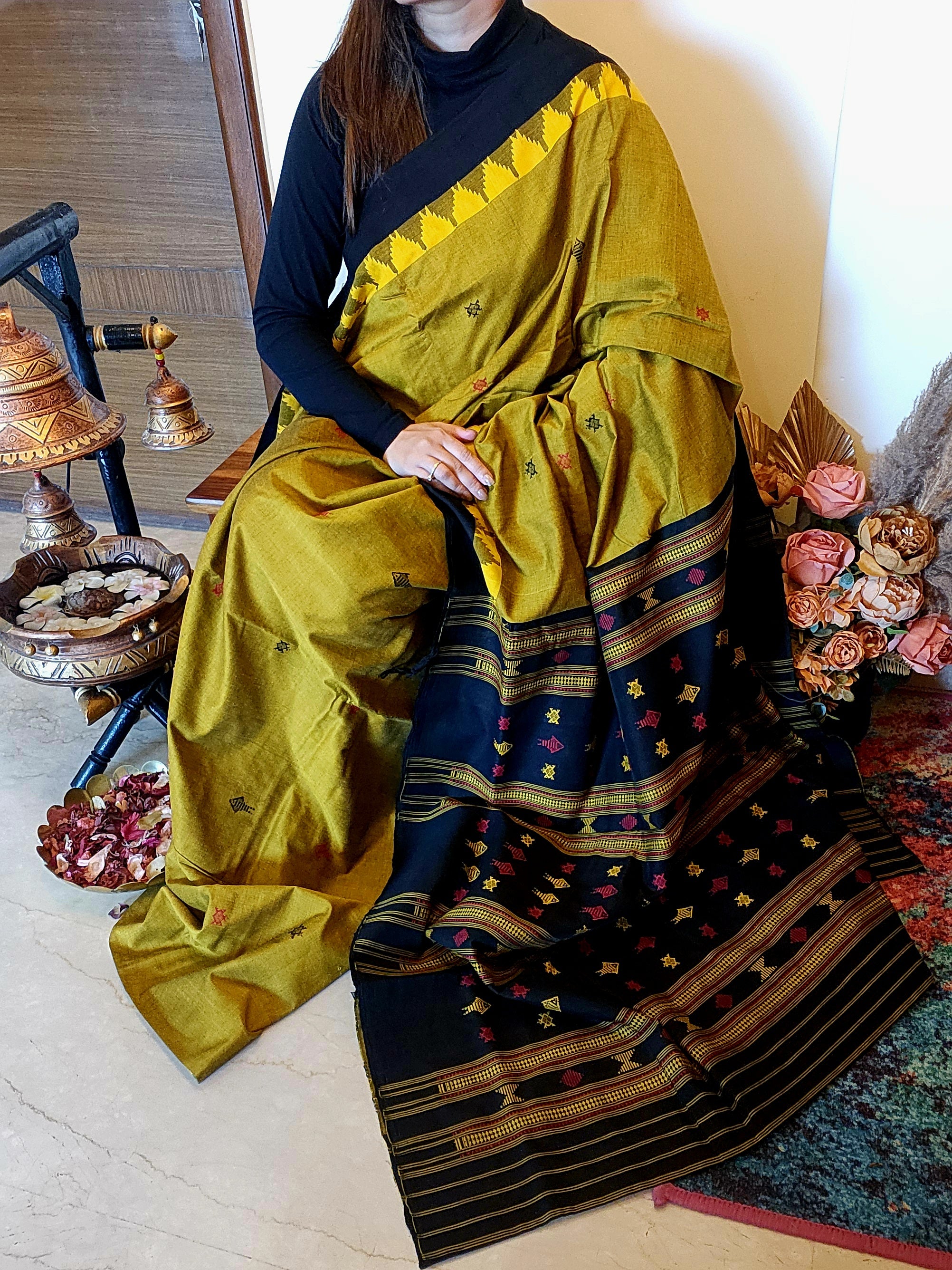 NIVA: Handwoven Sambalpuri Cotton Saree (Olive Green-Black)