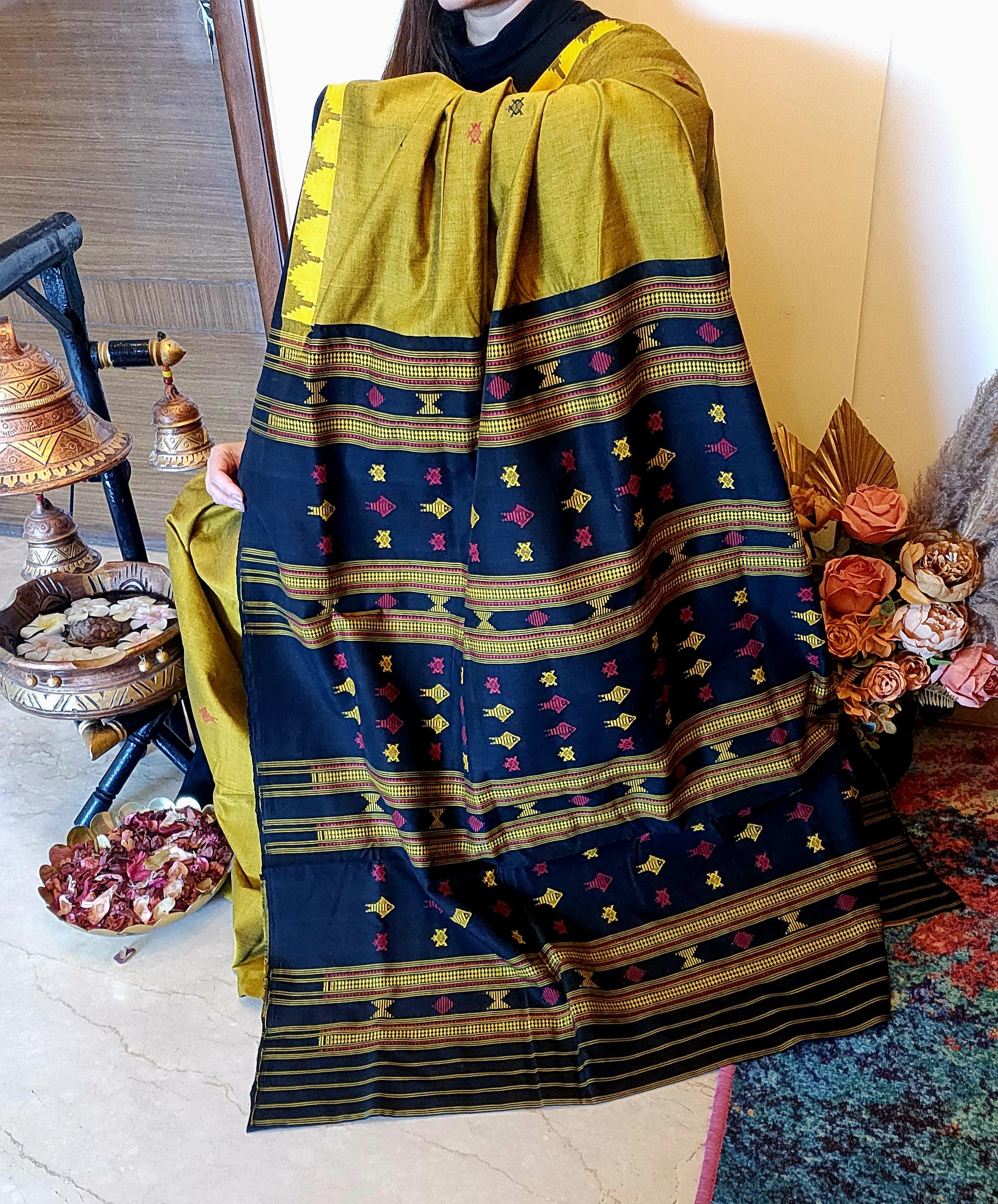 NIVA: Handwoven Sambalpuri Cotton Saree (Olive Green-Black)