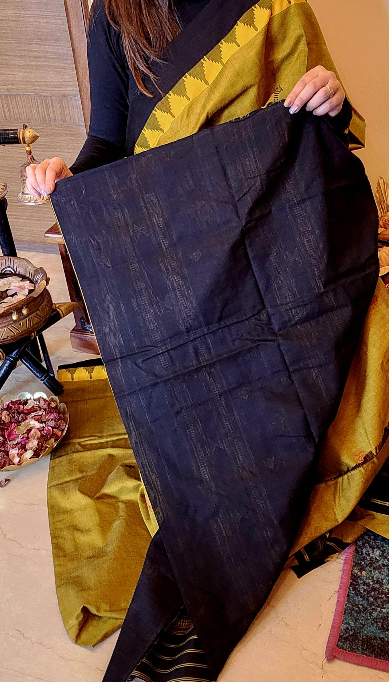 NIVA: Handwoven Sambalpuri Cotton Saree (Olive Green-Black)