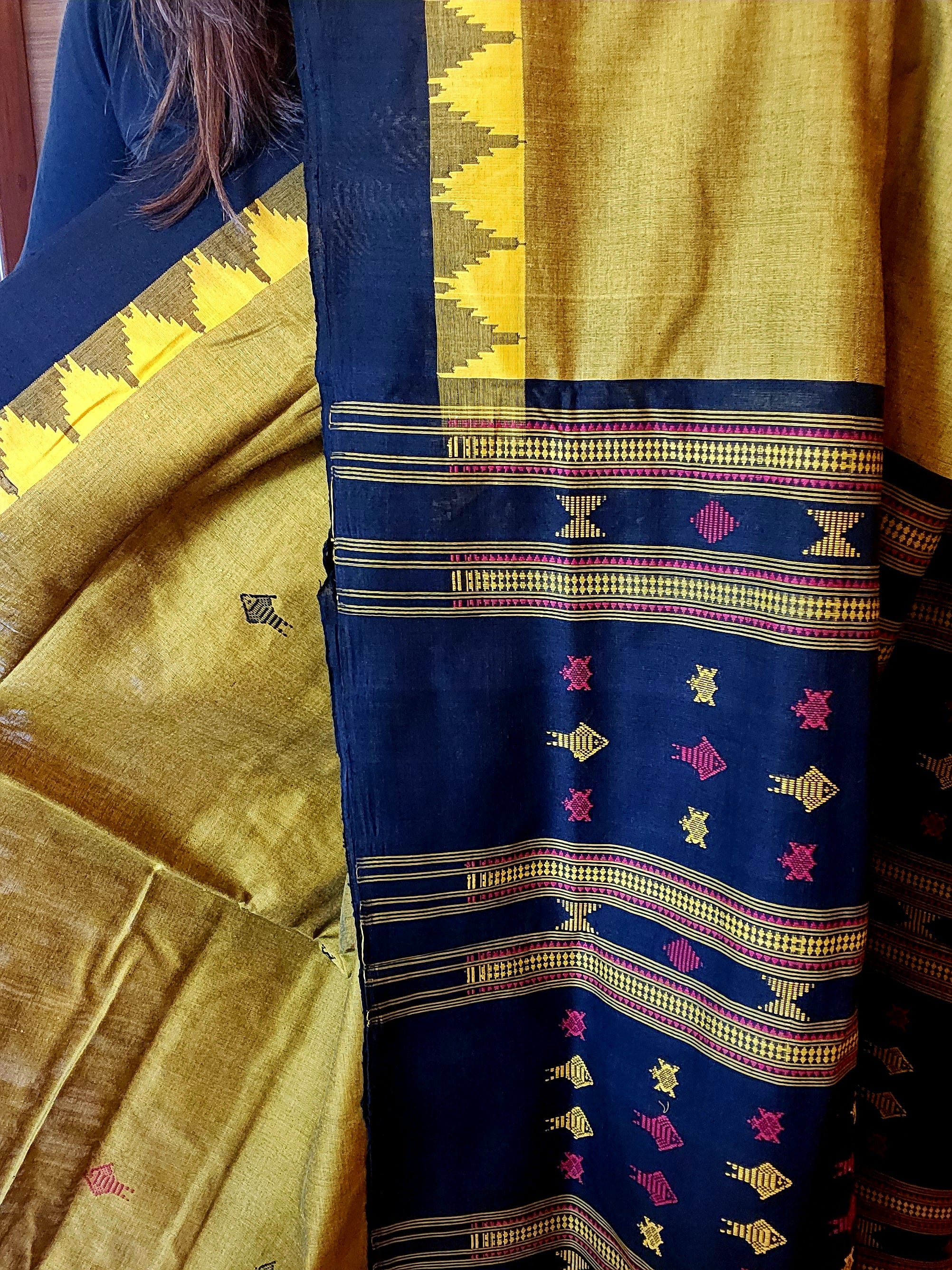 NIVA: Handwoven Sambalpuri Cotton Saree (Olive Green-Black)