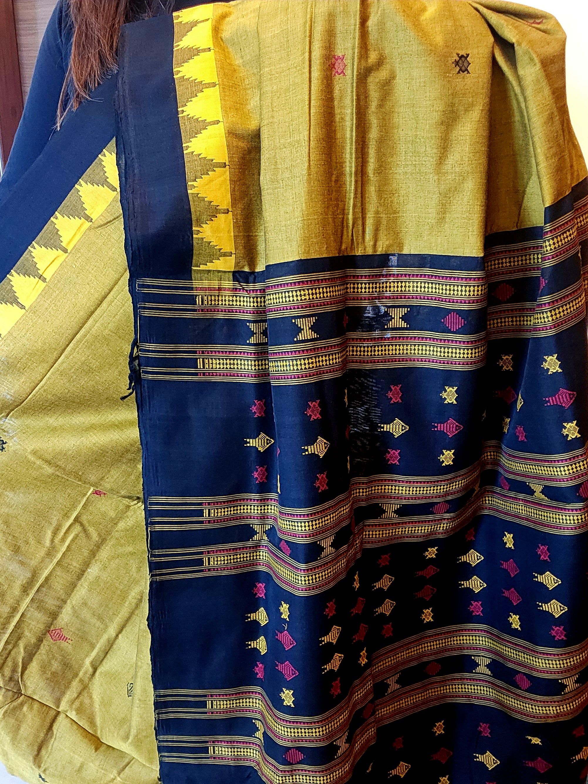 NIVA: Handwoven Sambalpuri Cotton Saree (Olive Green-Black)