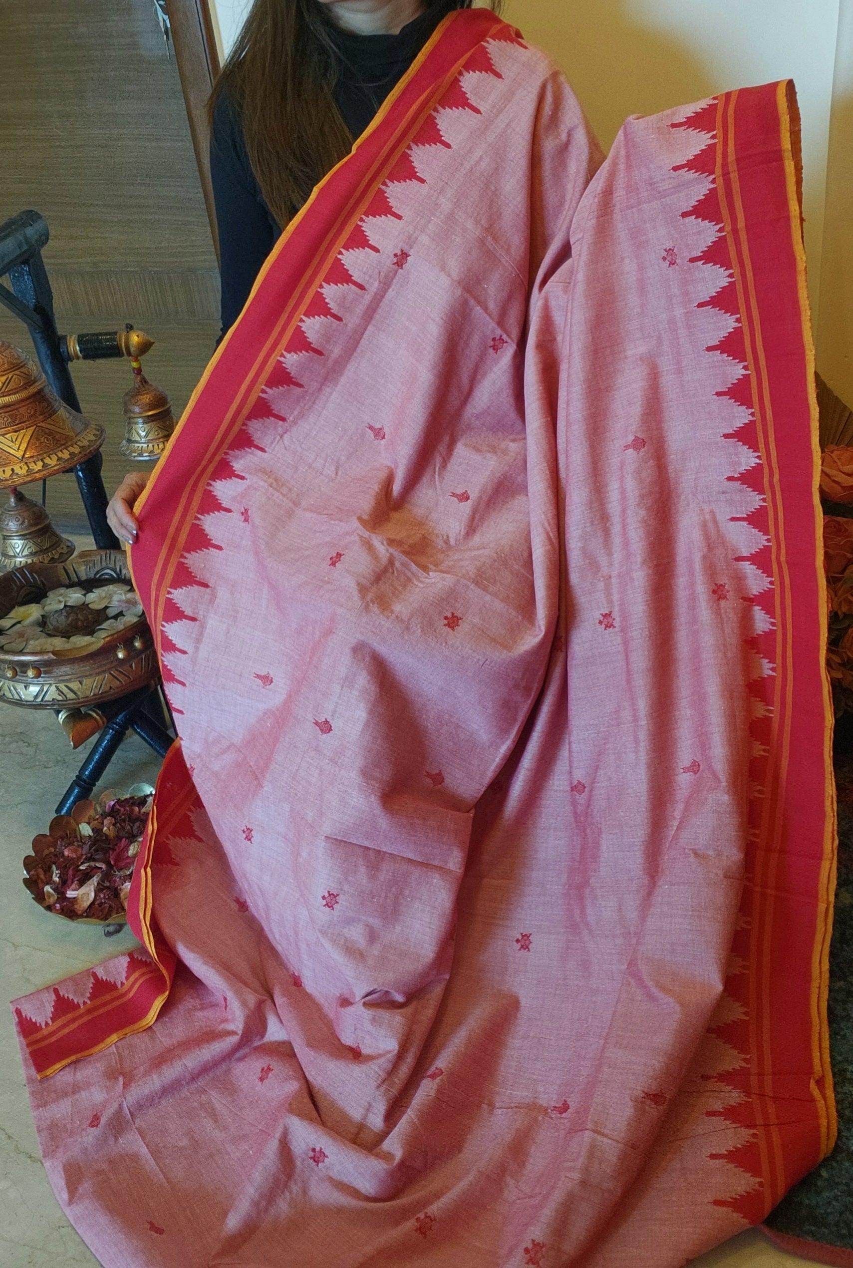 NIVA: Handwoven Sambalpuri Cotton Saree (Blush pink-Red)