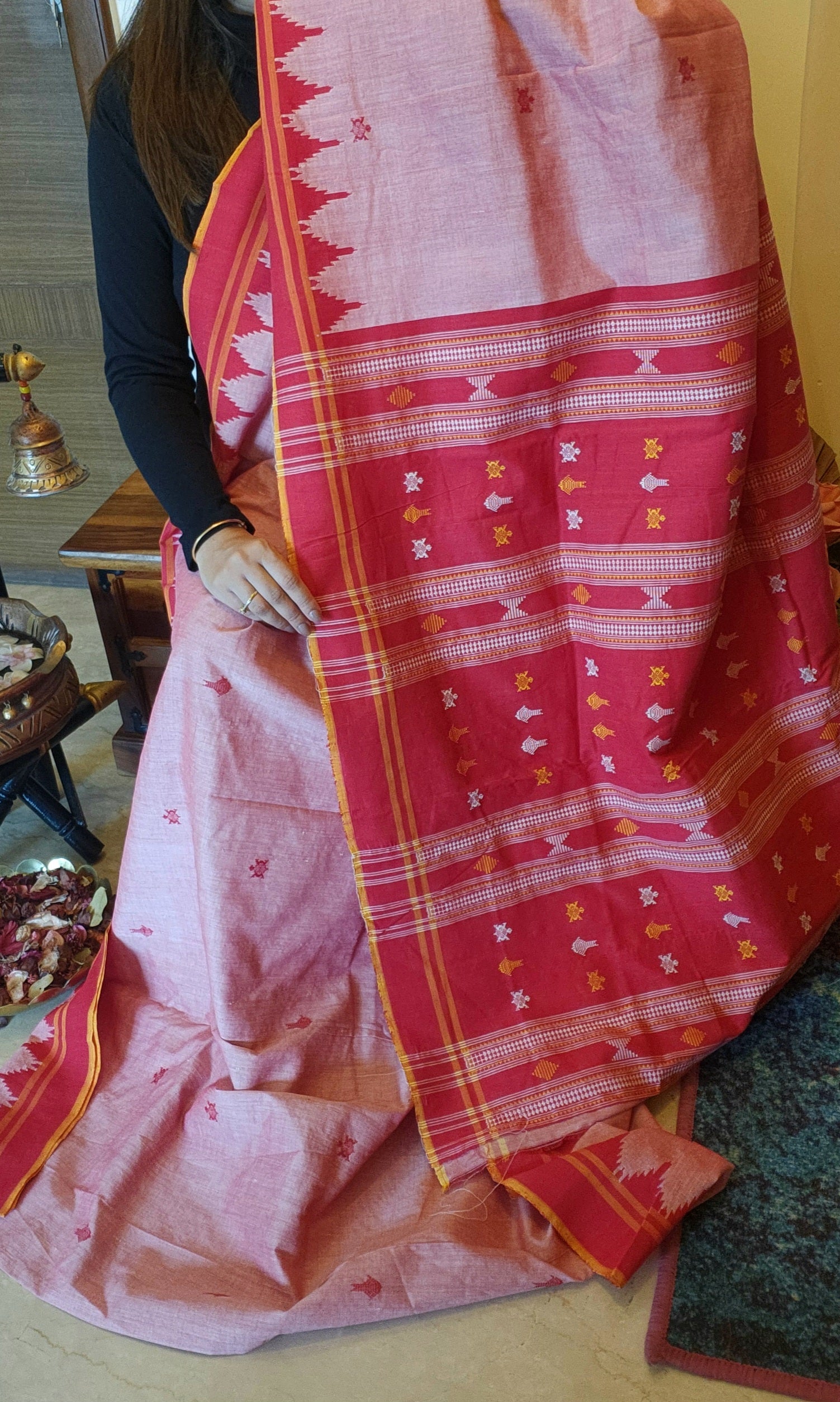NIVA: Handwoven Sambalpuri Cotton Saree (Blush pink-Red)