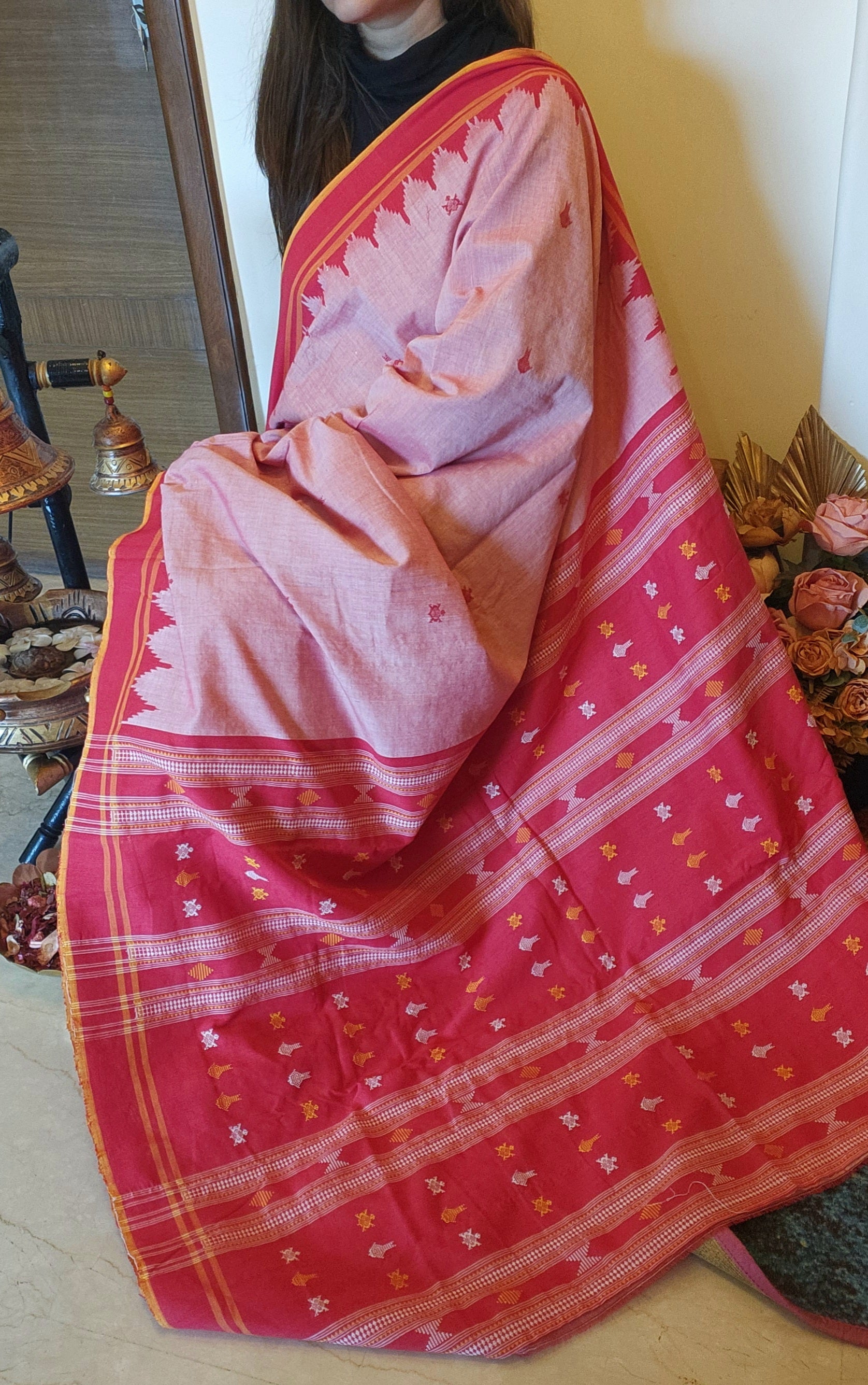 NIVA: Handwoven Sambalpuri Cotton Saree (Blush pink-Red)