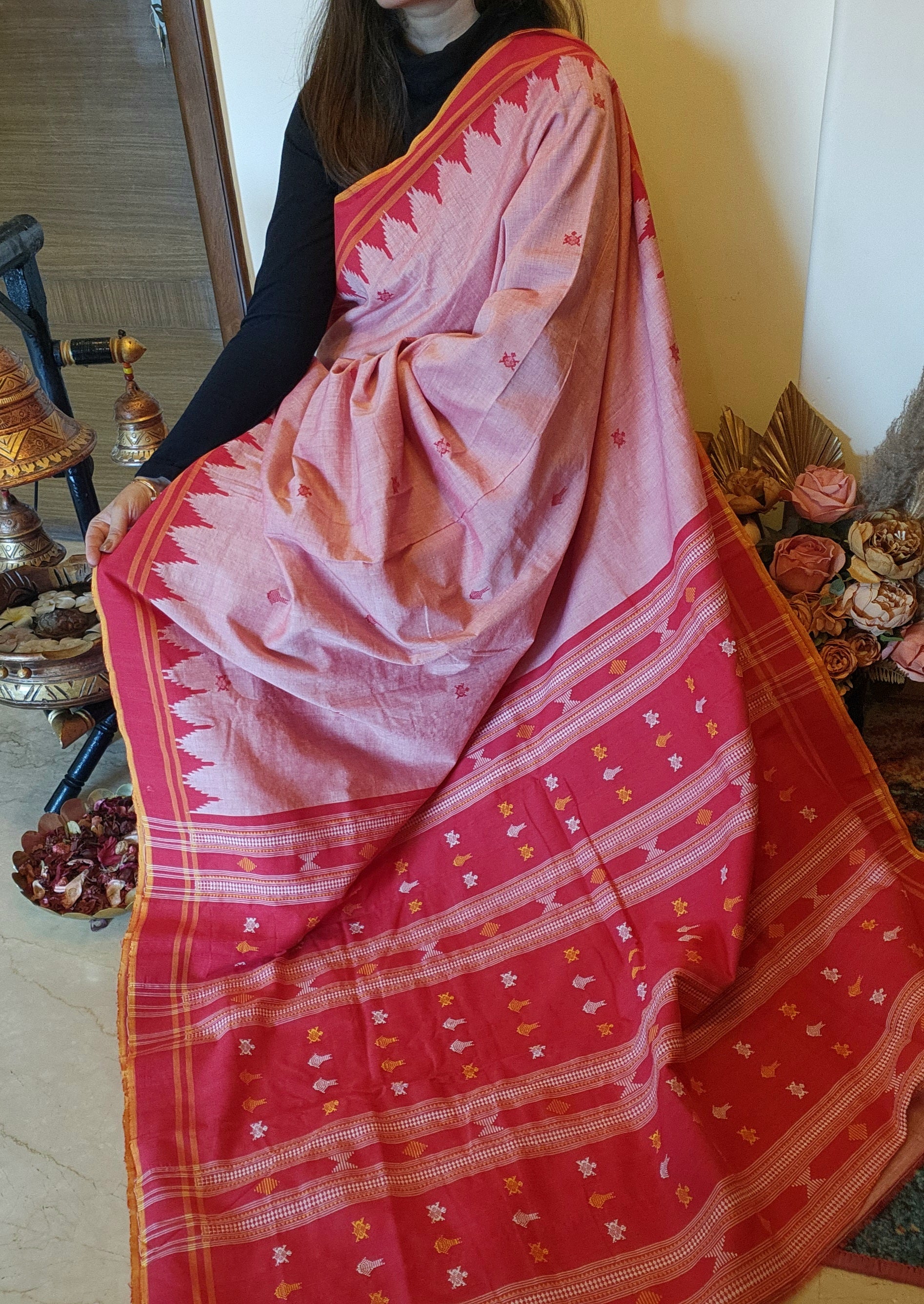 NIVA: Handwoven Sambalpuri Cotton Saree (Blush pink-Red)