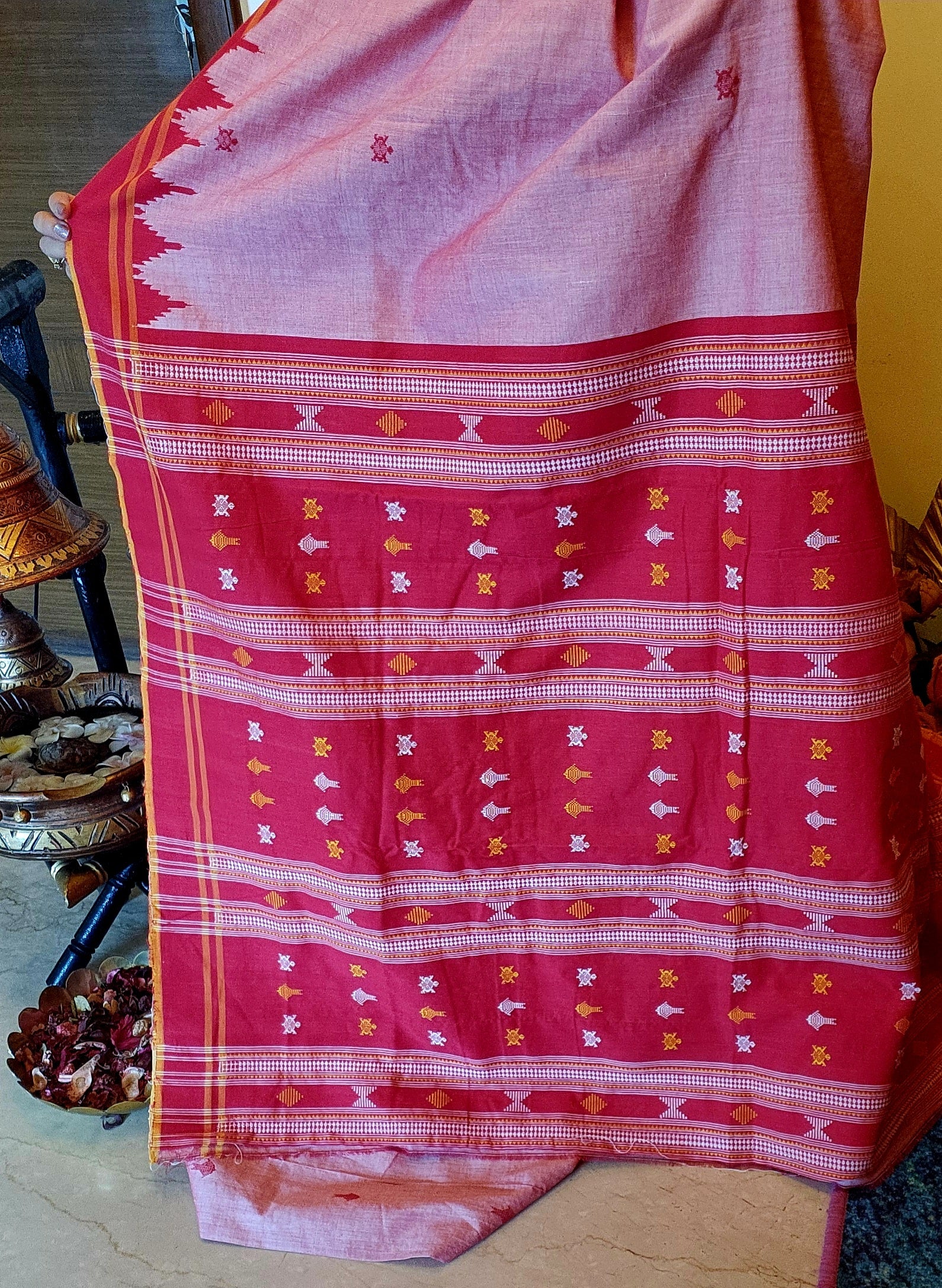 NIVA: Handwoven Sambalpuri Cotton Saree (Blush pink-Red)