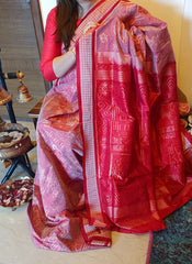 SHRI YANTRA: Handwoven Sambalpuri Silk Saree (Pink-Red)