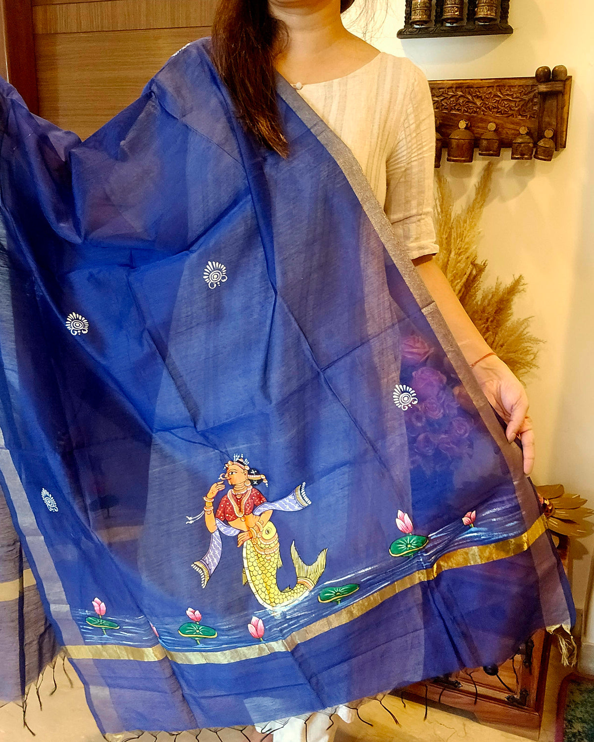 Matsya-Kanya: Pattachitra Handpainted Dupatta