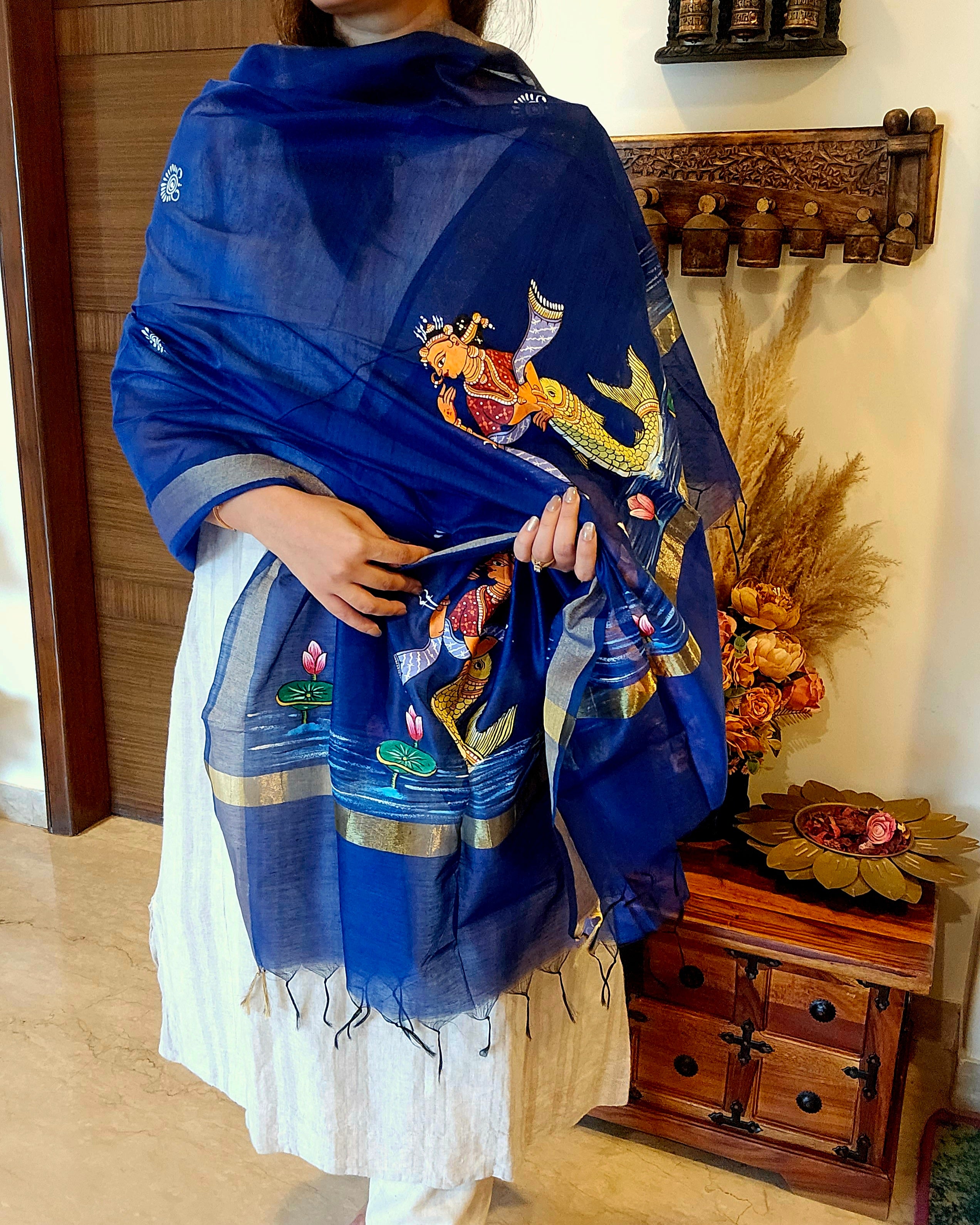 Matsya-Kanya: Pattachitra Handpainted Dupatta