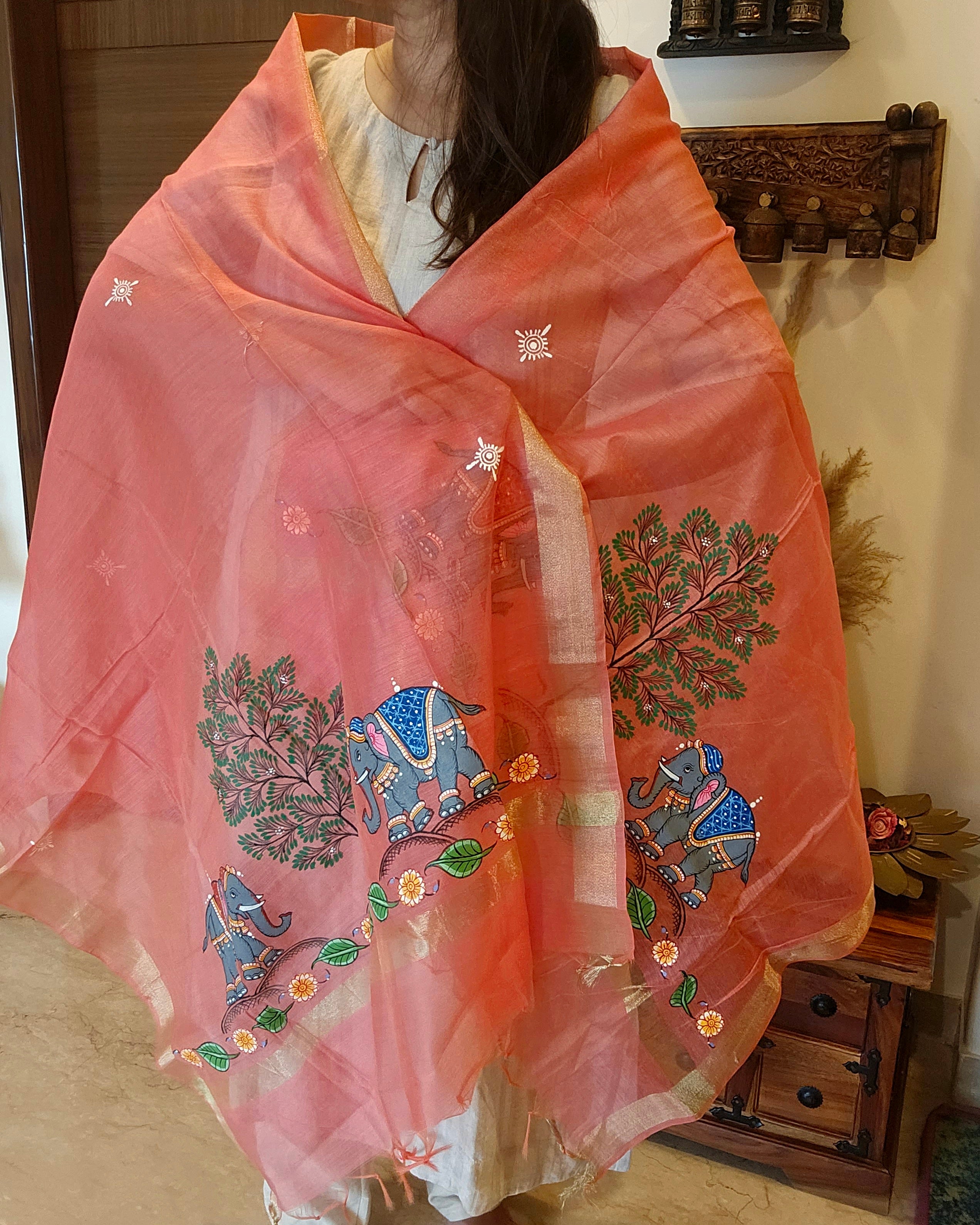 Shahi Gaj: Pattachitra Handpainted Dupatta