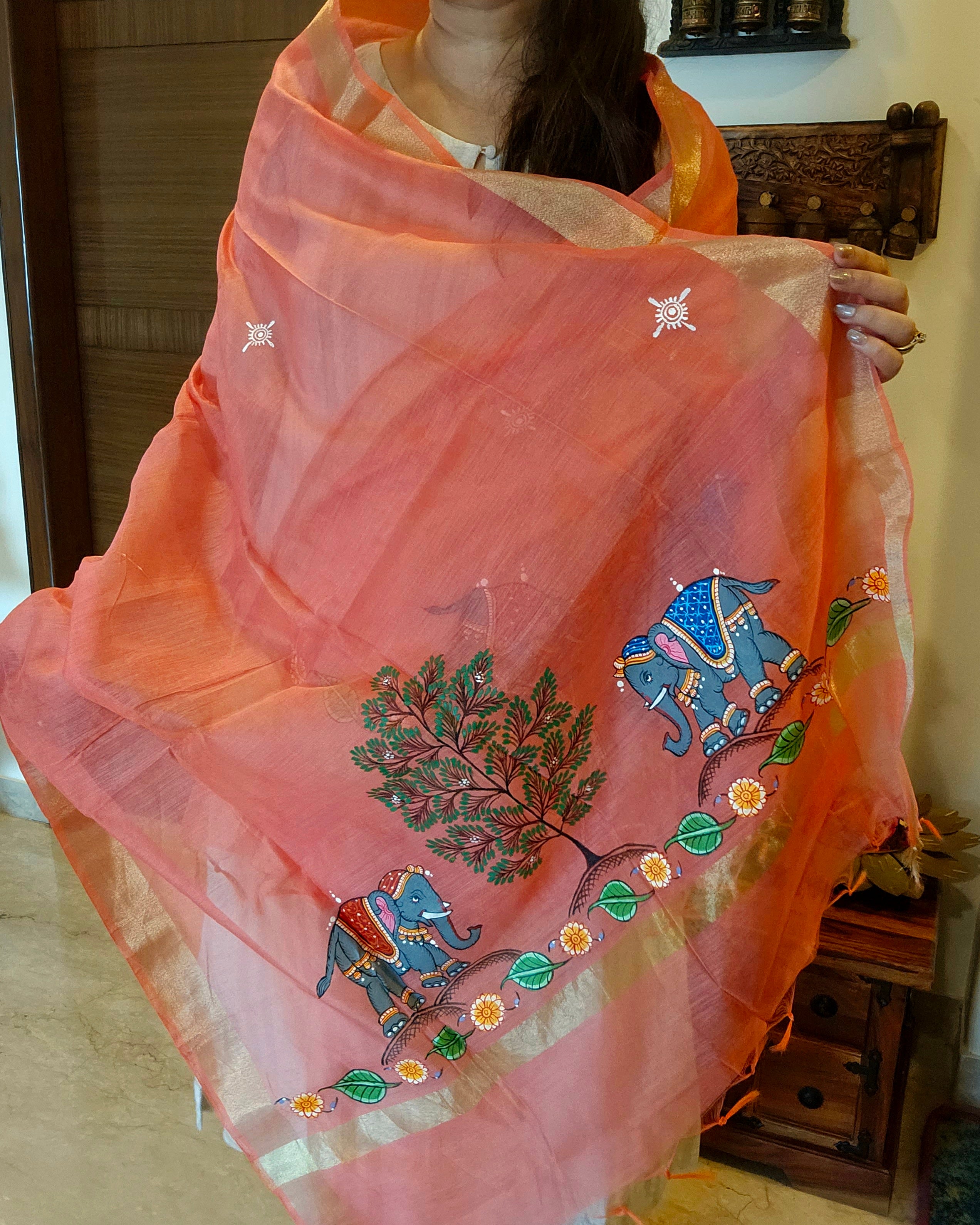 Shahi Gaj: Pattachitra Handpainted Dupatta