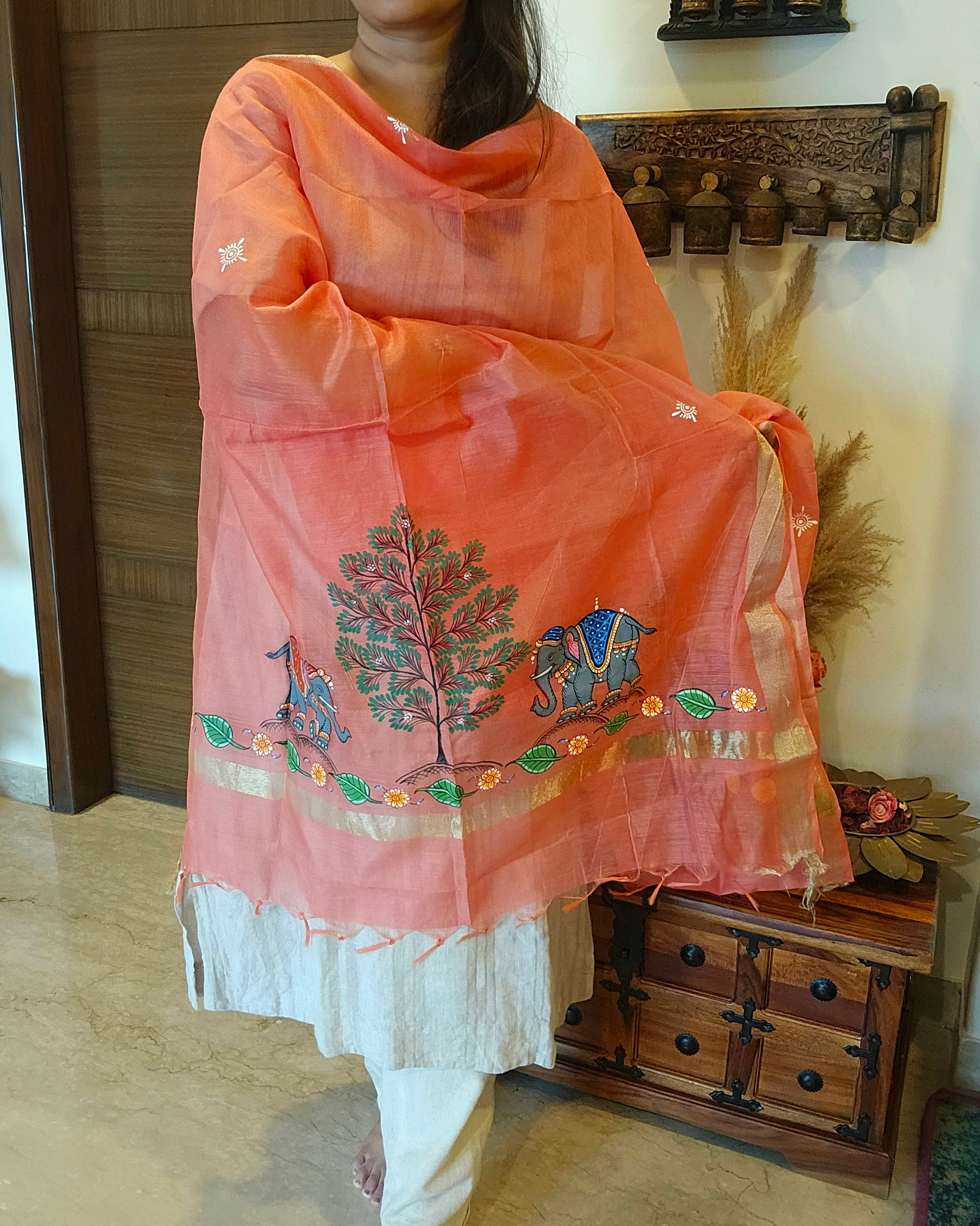 Shahi Gaj: Pattachitra Handpainted Dupatta