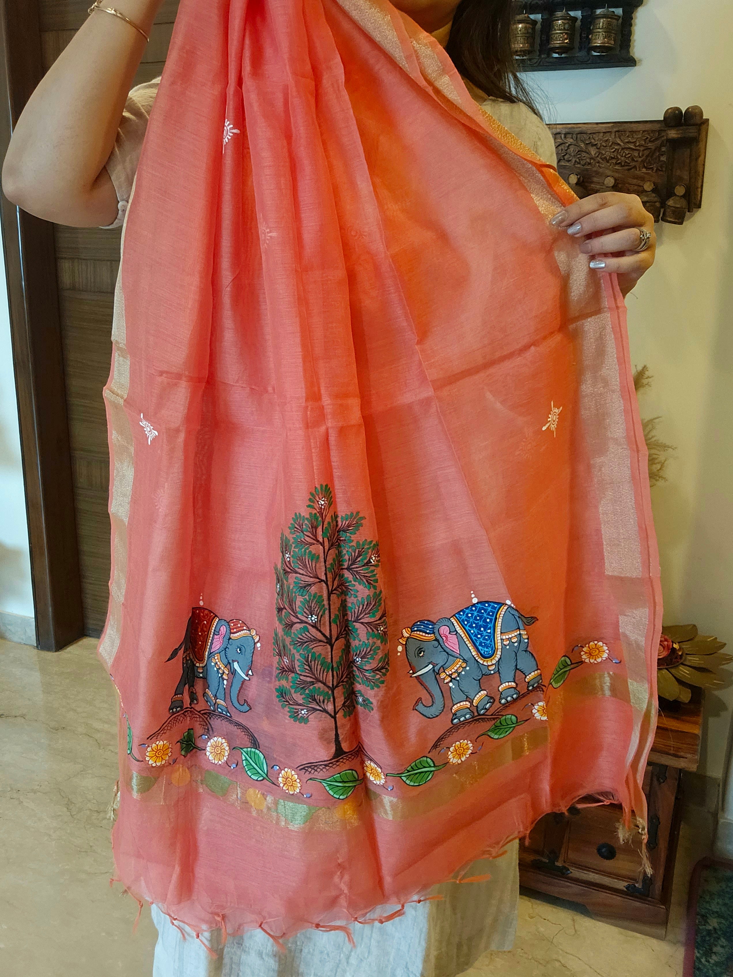 Shahi Gaj: Pattachitra Handpainted Dupatta