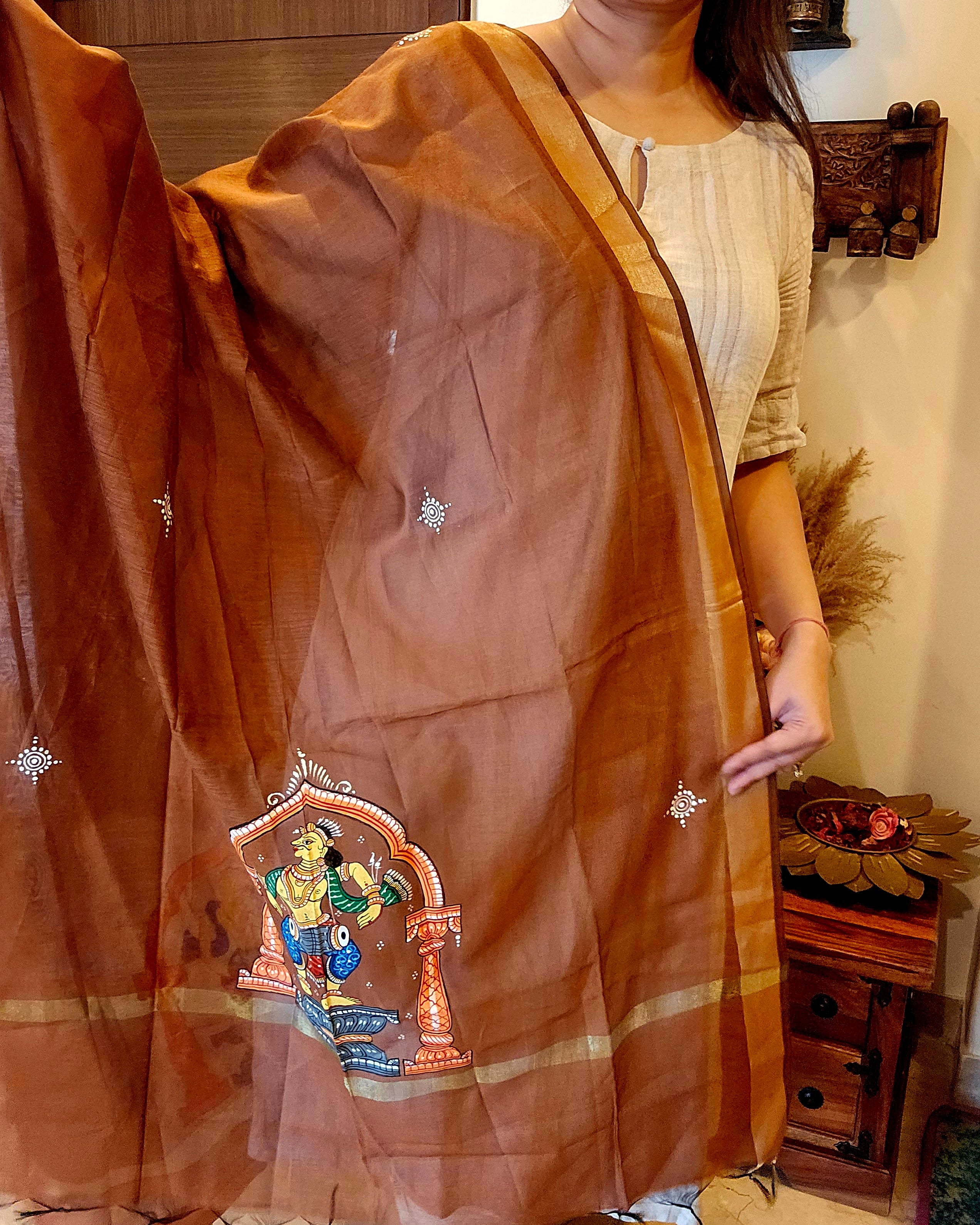 Nartaki-Mridang: Pattachitra Handpainted Dupatta