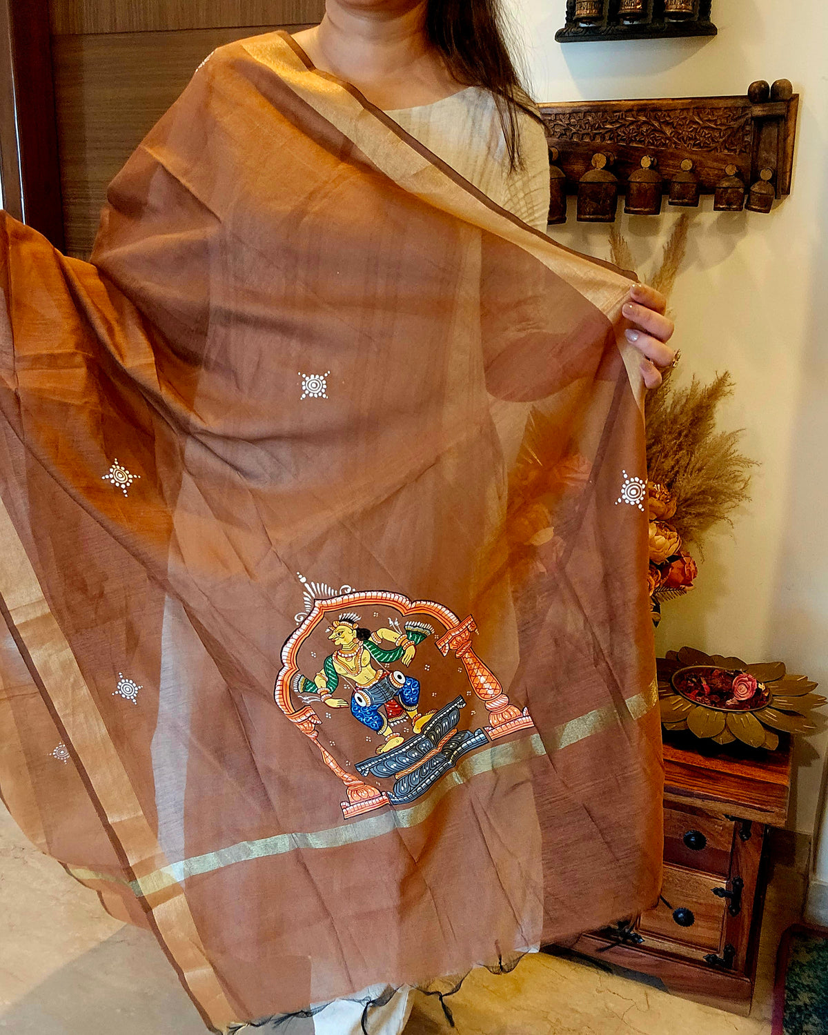 Nartaki-Mridang: Pattachitra Handpainted Dupatta