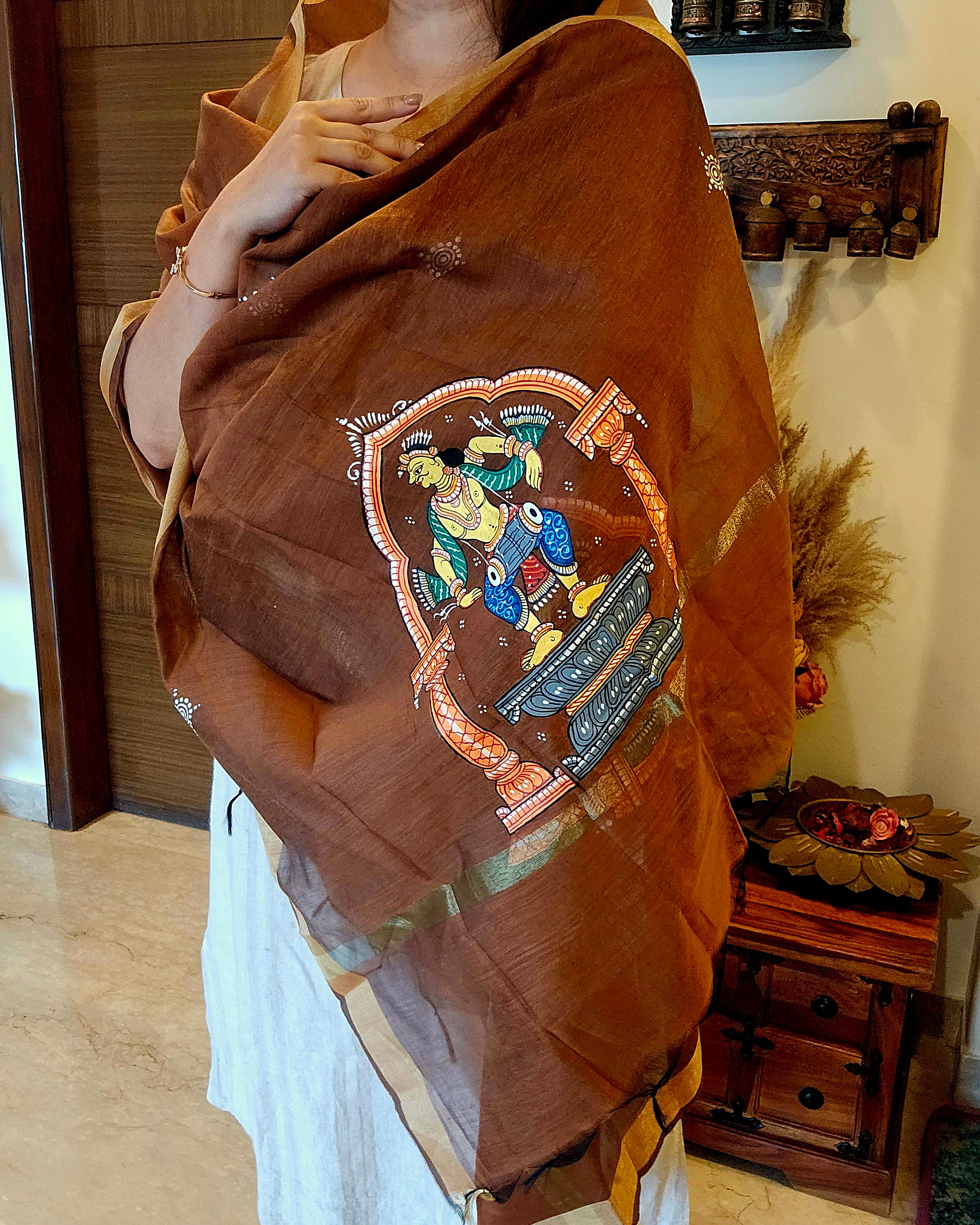 Nartaki-Mridang: Pattachitra Handpainted Dupatta