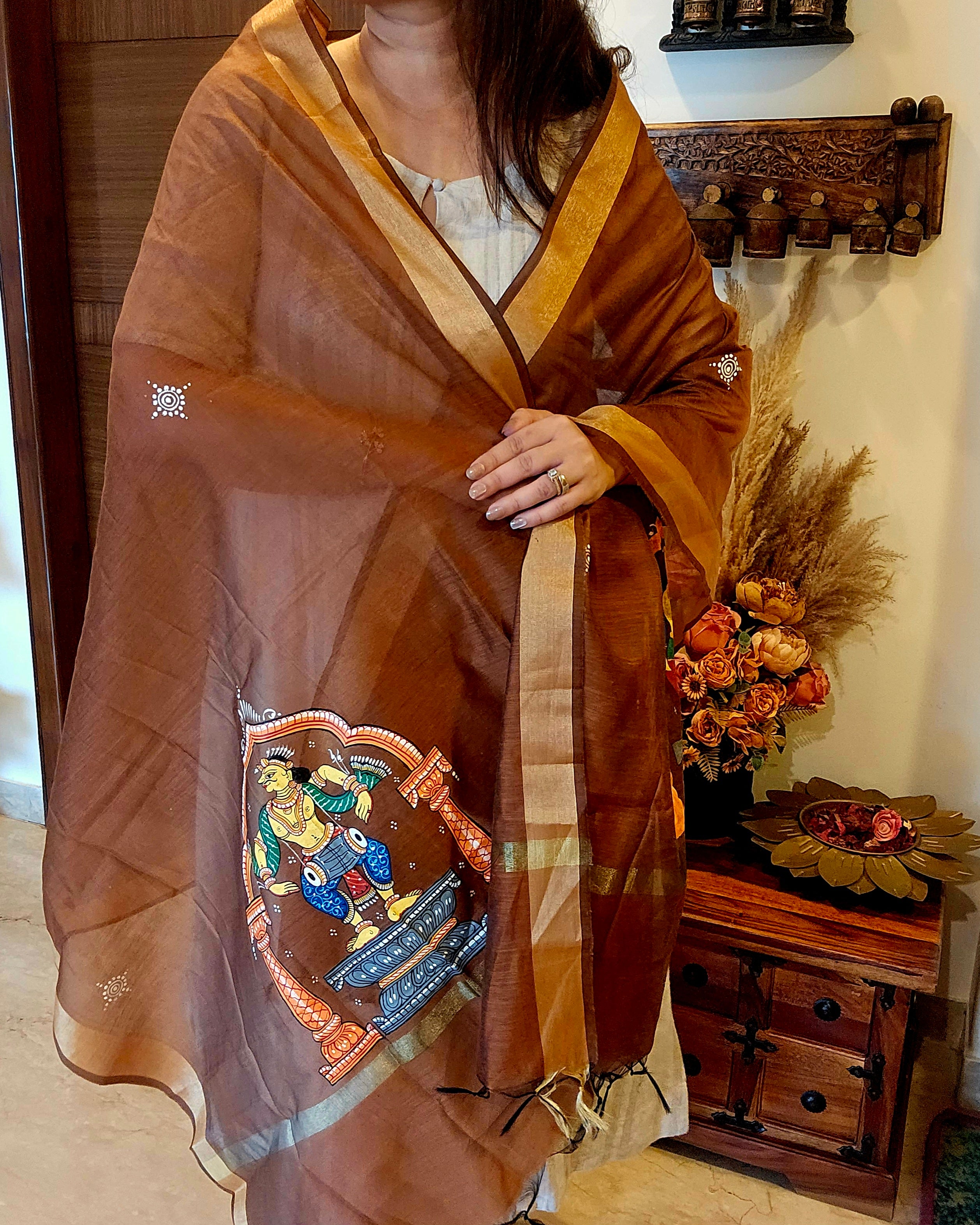 Nartaki-Mridang: Pattachitra Handpainted Dupatta