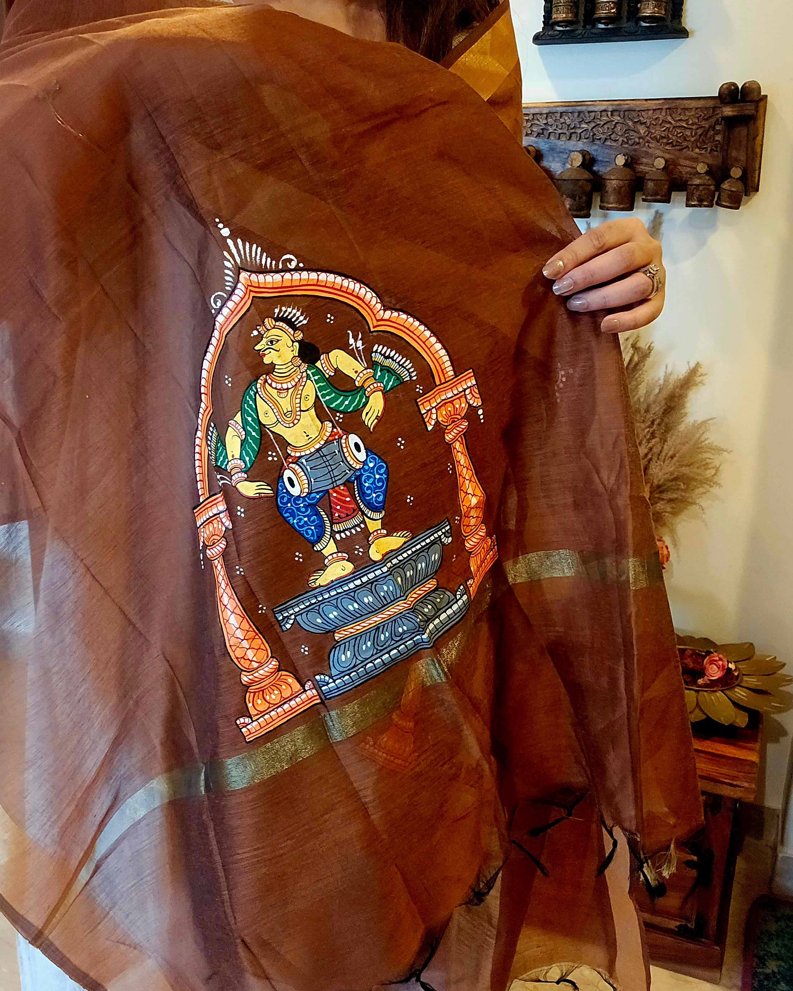 Nartaki-Mridang: Pattachitra Handpainted Dupatta