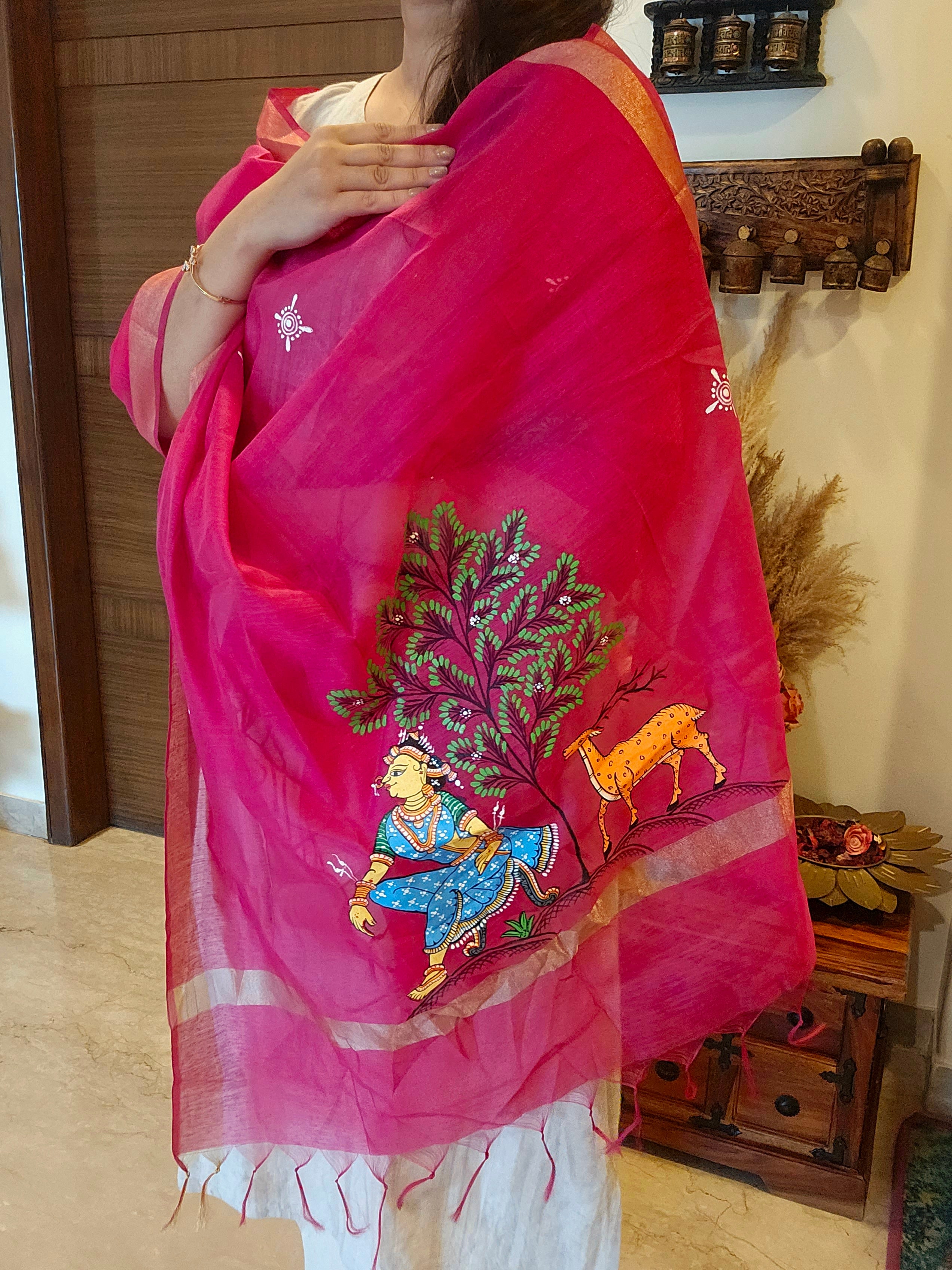 Nartaki-Hiran: Pattachitra Handpainted Dupatta