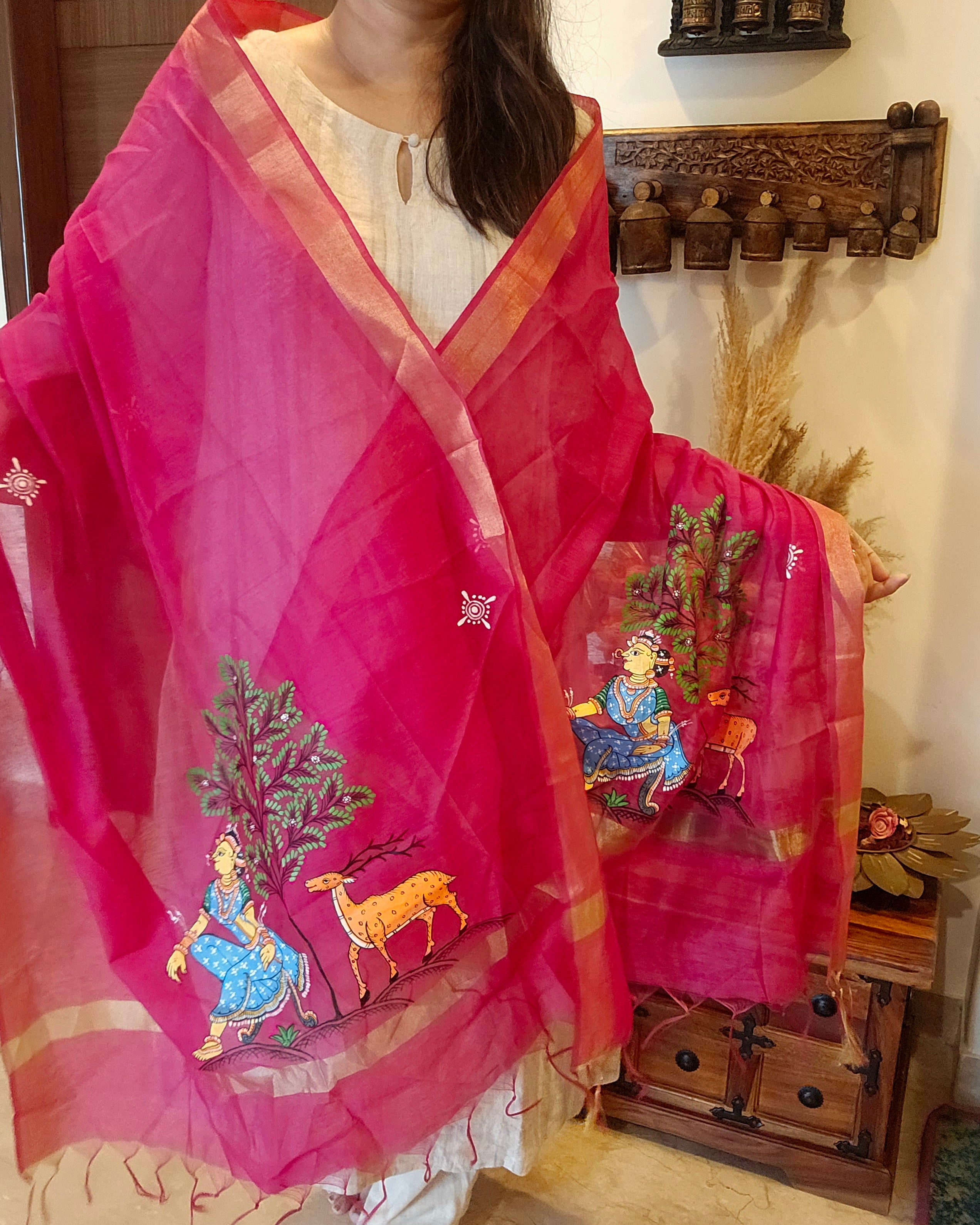 Nartaki-Hiran: Pattachitra Handpainted Dupatta