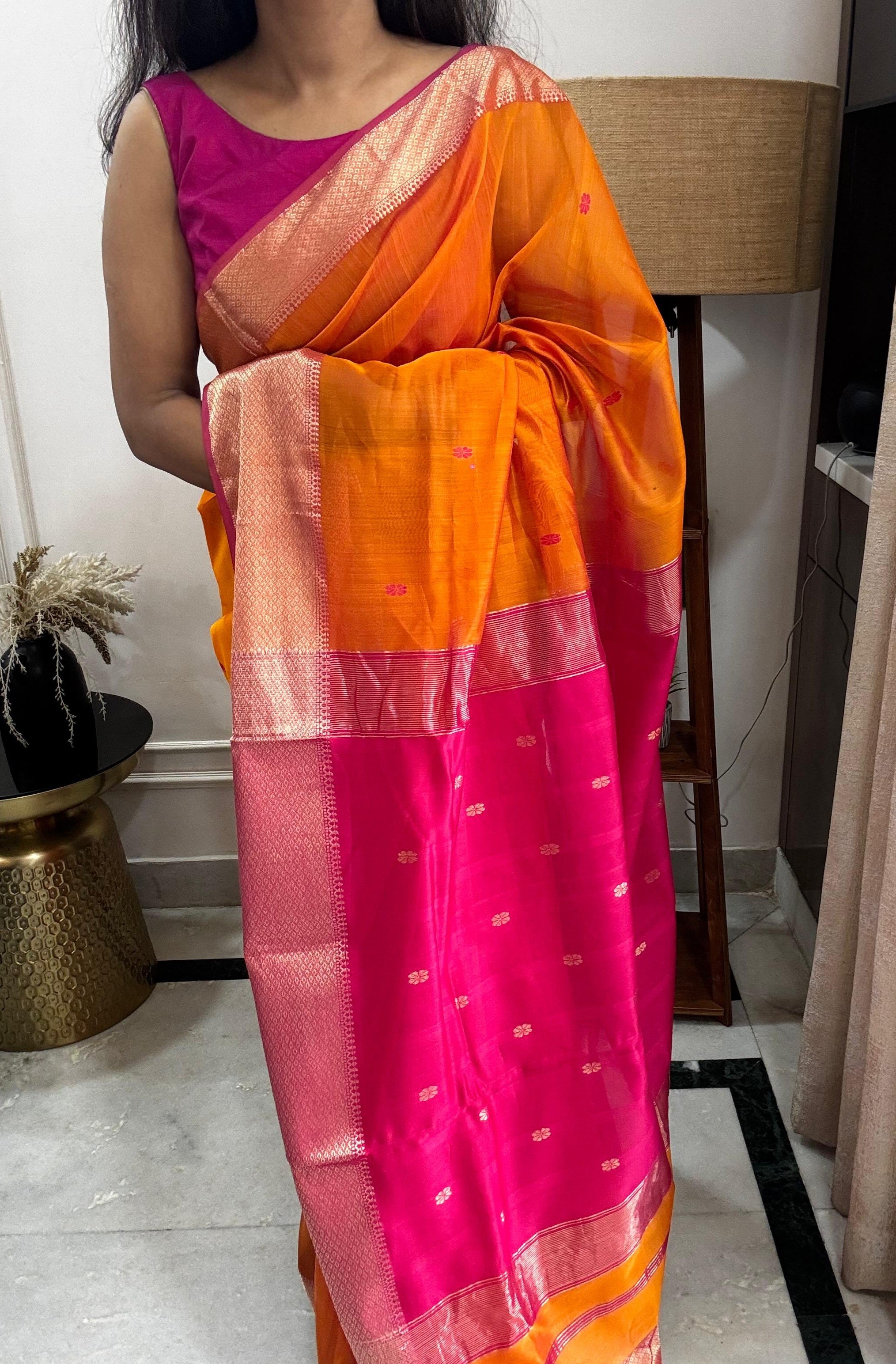 MAANYA: Maheshwari Saree (Orange-Pink)