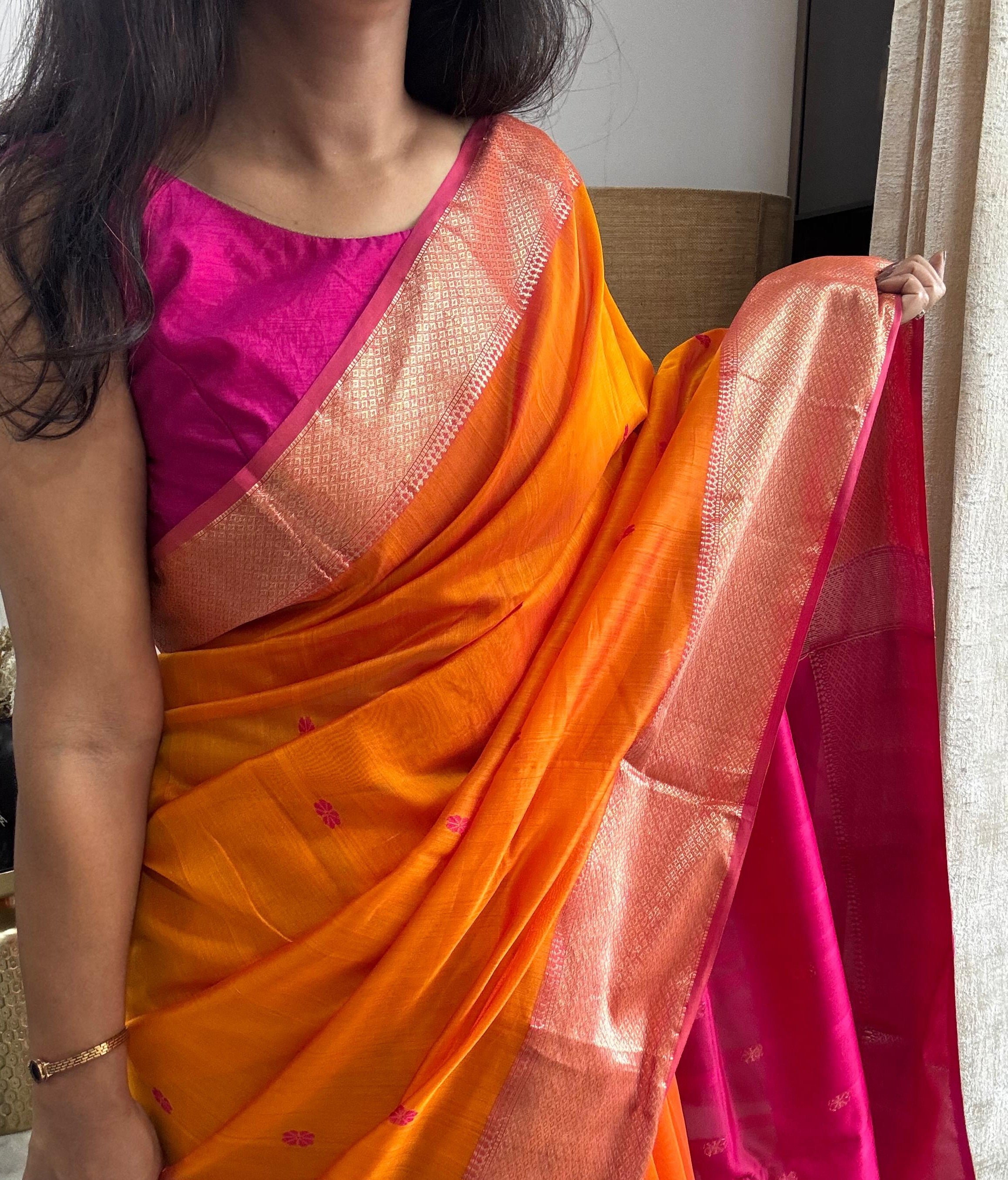 MAANYA: Maheshwari Saree (Orange-Pink)