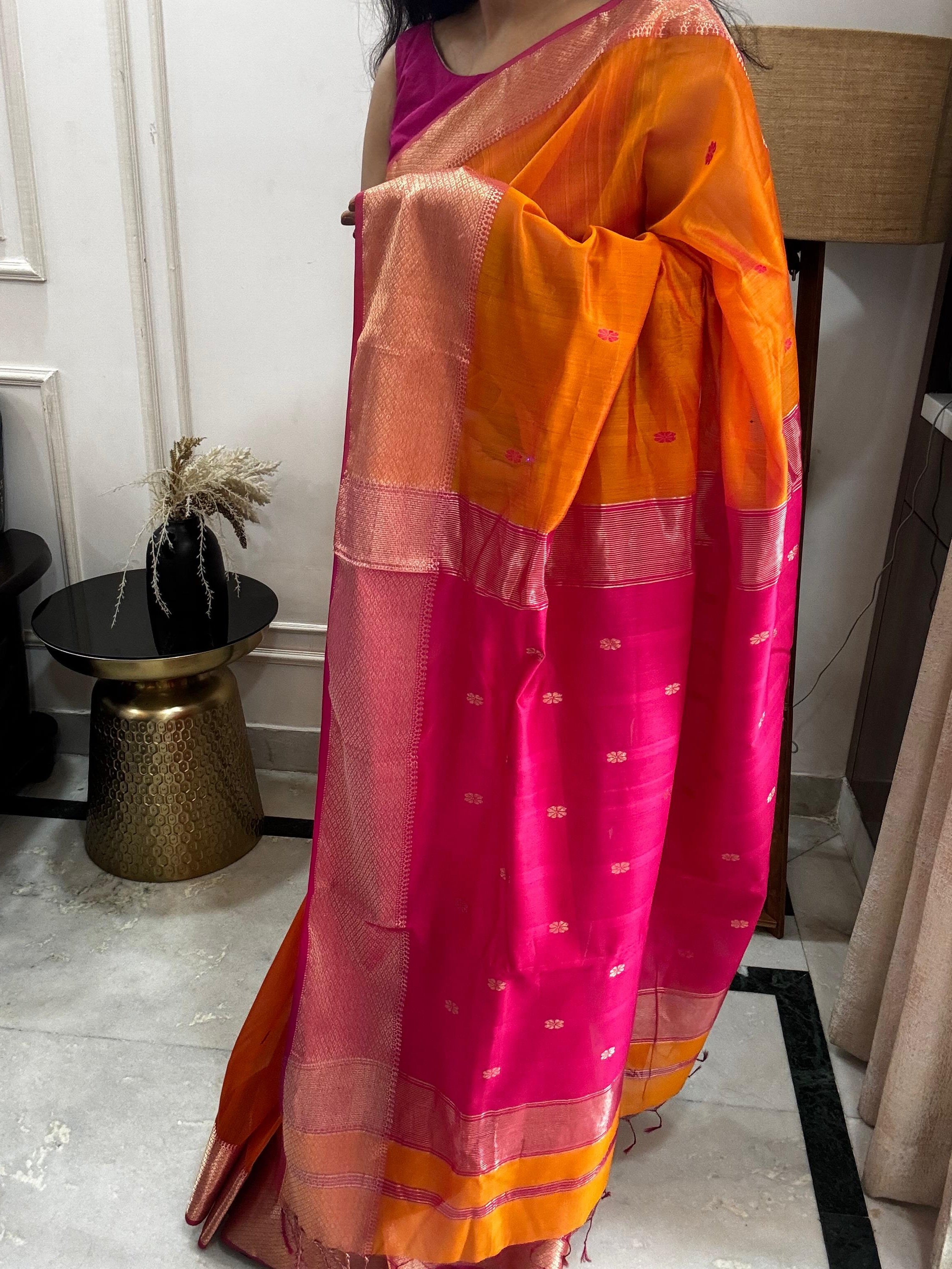 MAANYA: Maheshwari Saree (Orange-Pink)