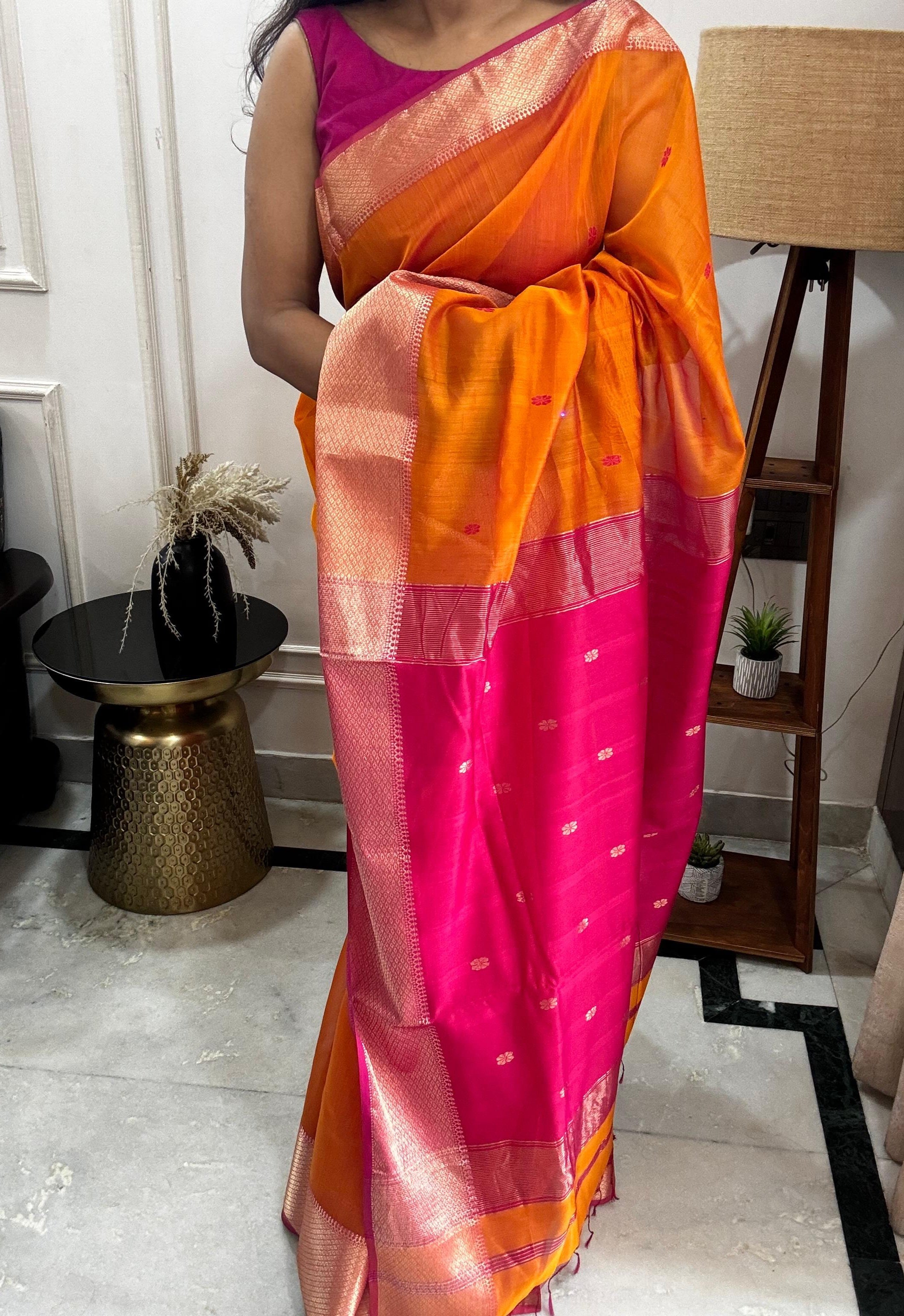 MAANYA: Maheshwari Saree (Orange-Pink)
