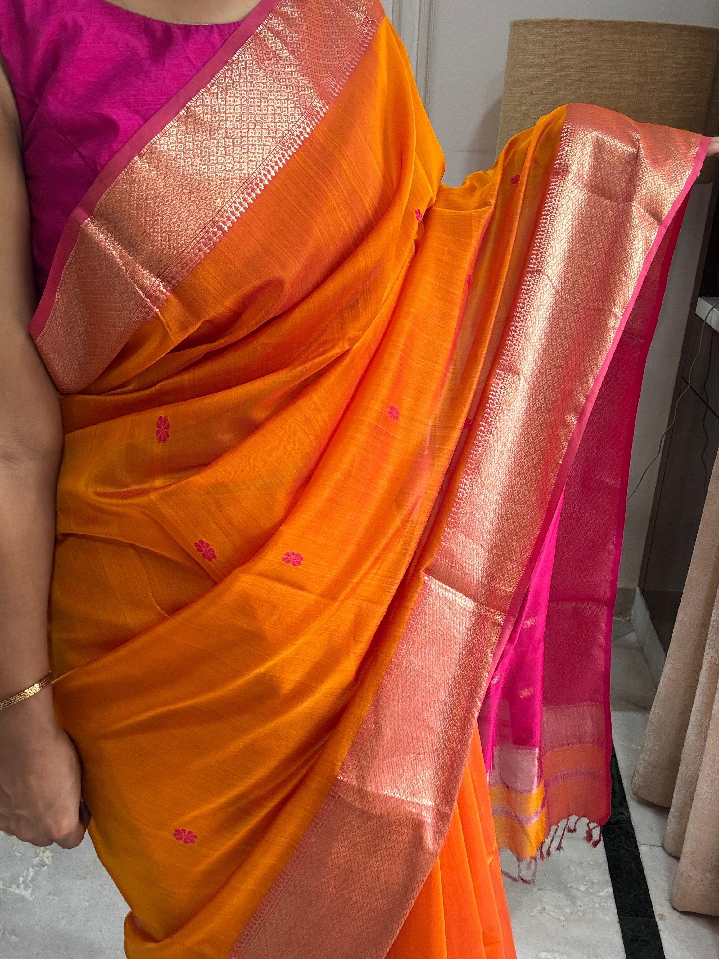 MAANYA: Maheshwari Saree (Orange-Pink)
