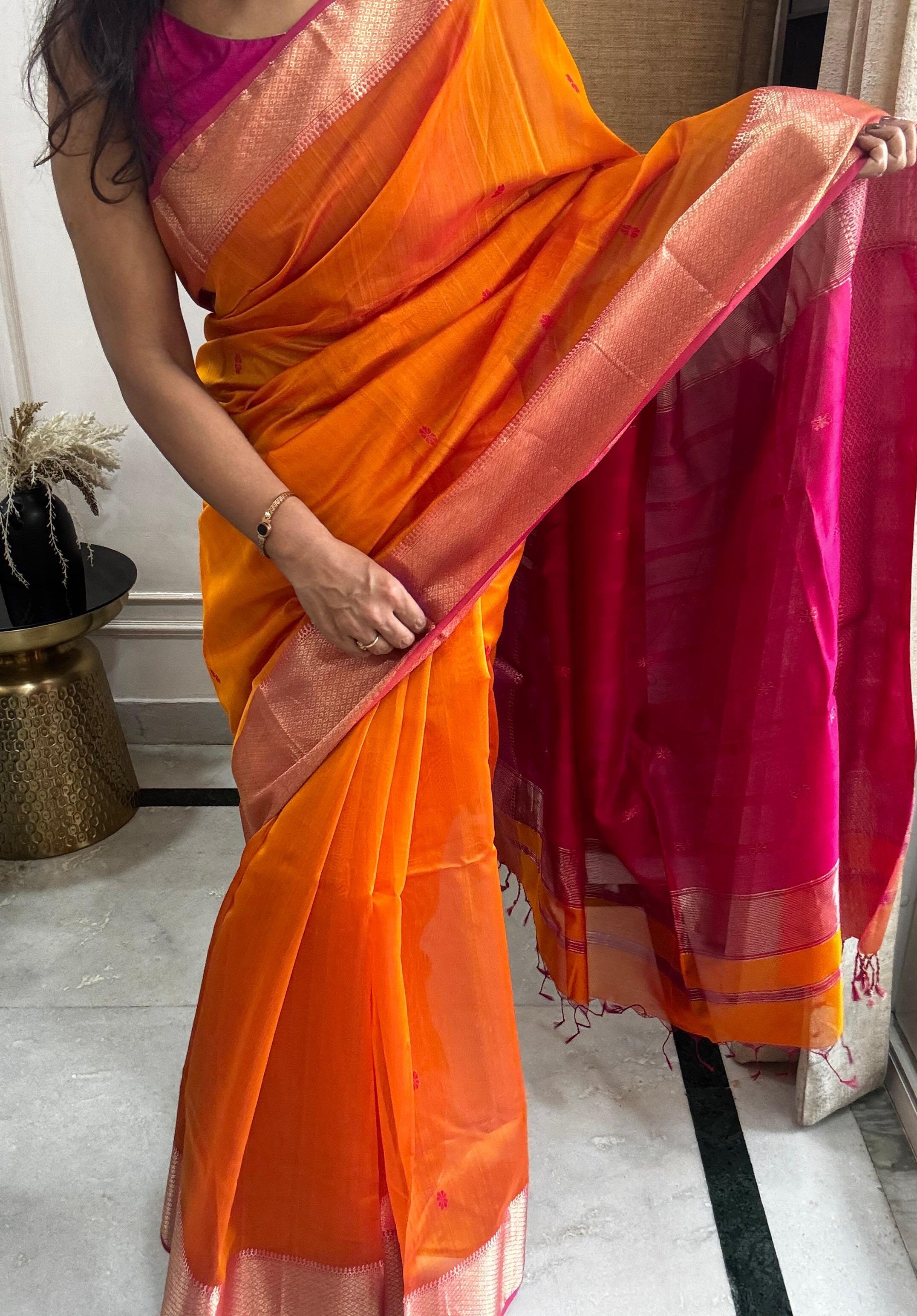 MAANYA: Maheshwari Saree (Orange-Pink)